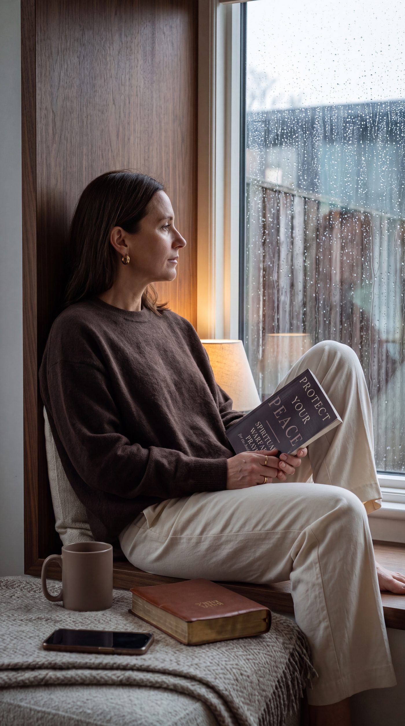 Reading by a rainy window